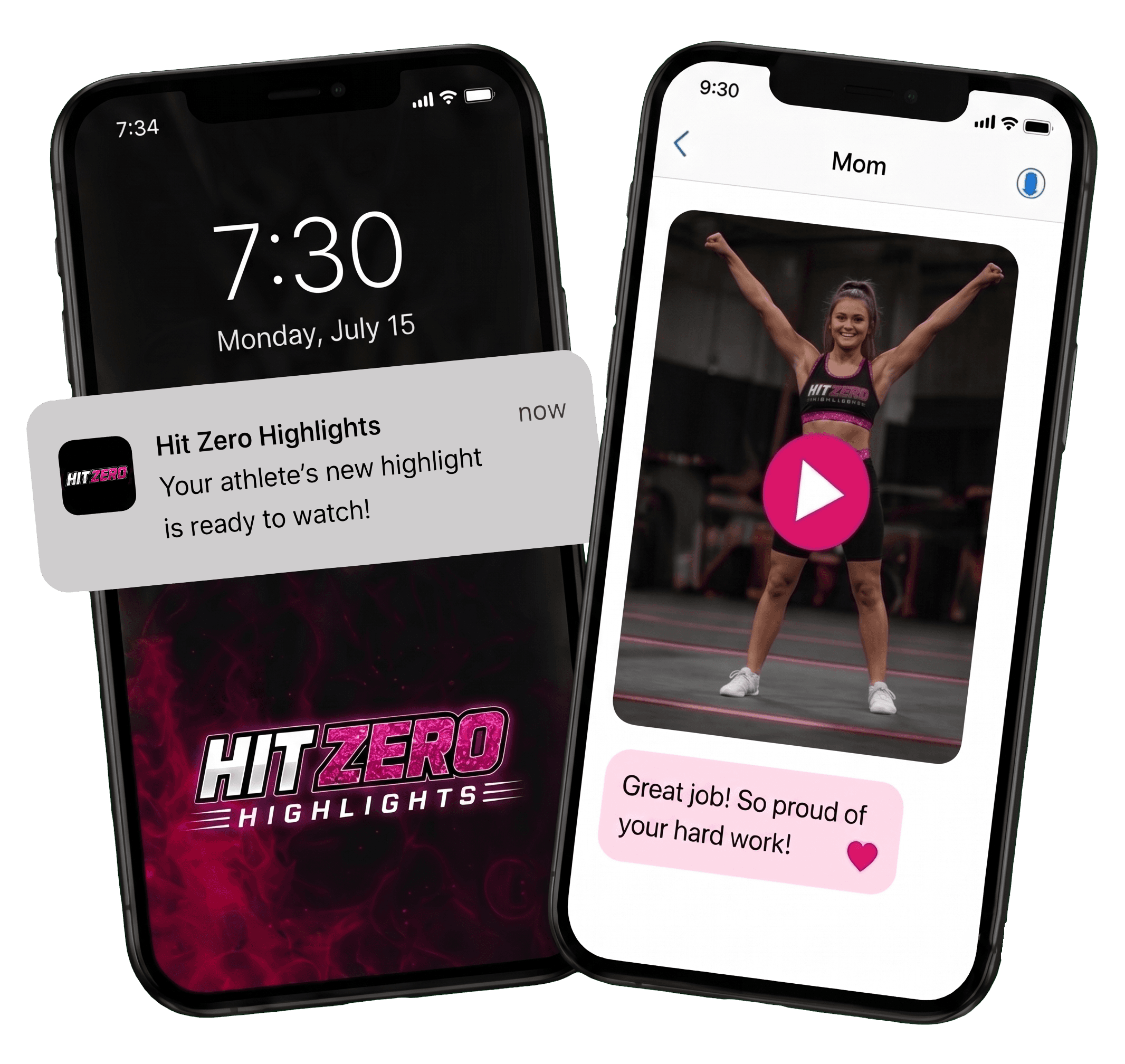 A parent's phone showing the highlight notification and the clip in a text thread